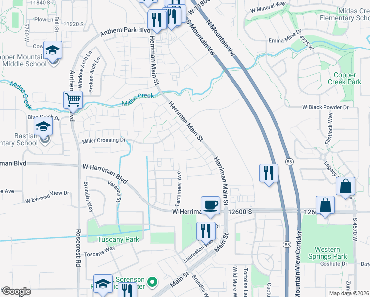 map of restaurants, bars, coffee shops, grocery stores, and more near 5178 West Koppers Lane in Herriman