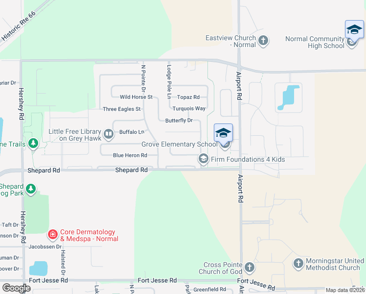 map of restaurants, bars, coffee shops, grocery stores, and more near 3268 Marimarsh Lane in Normal