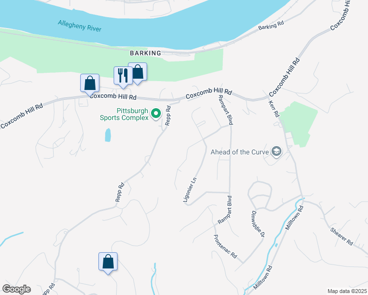 map of restaurants, bars, coffee shops, grocery stores, and more near 211 1/2 Duquesne Boulevard in New Kensington