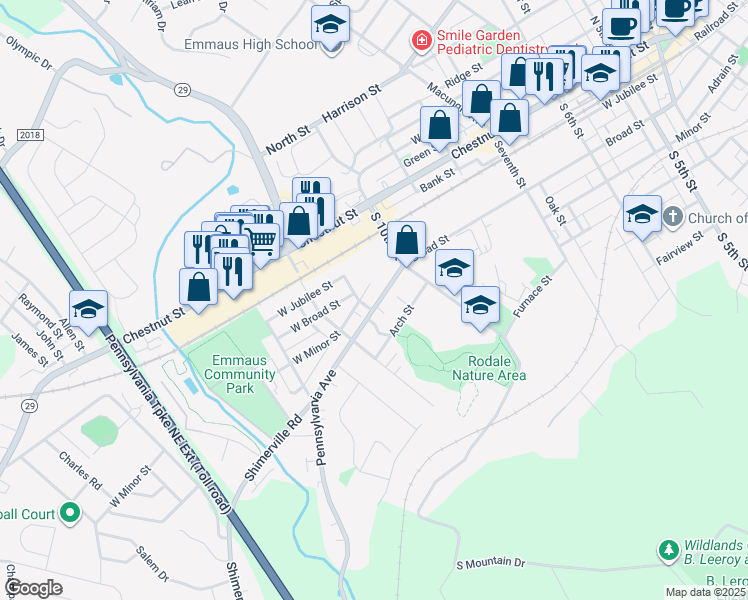 map of restaurants, bars, coffee shops, grocery stores, and more near 1049 Pennsylvania Avenue in Emmaus