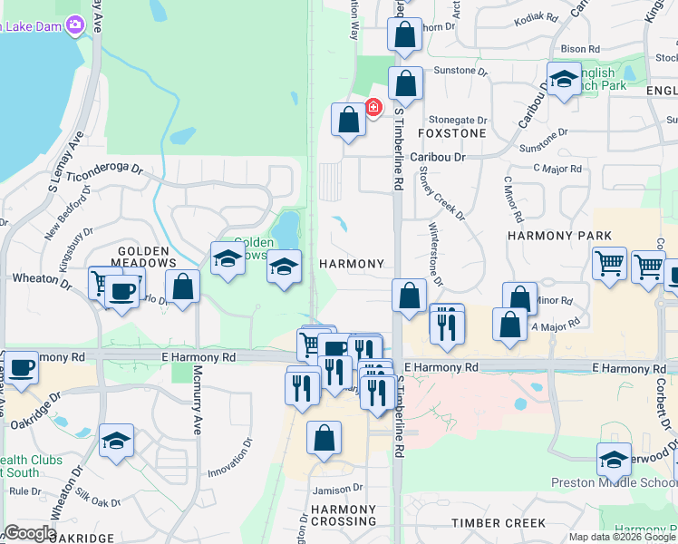 map of restaurants, bars, coffee shops, grocery stores, and more near 1909 Harmony Drive in Fort Collins