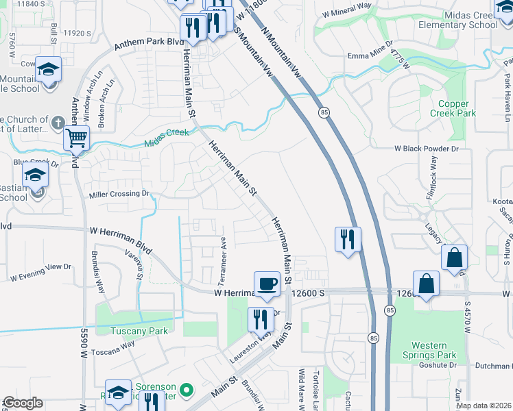 map of restaurants, bars, coffee shops, grocery stores, and more near 5118 West Dolce Court in Herriman