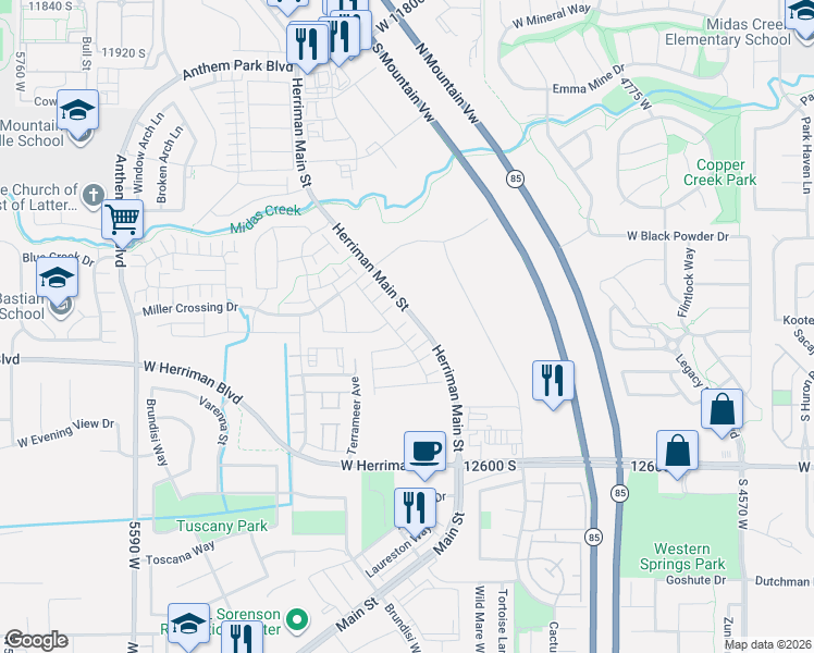 map of restaurants, bars, coffee shops, grocery stores, and more near 5113 West Dolce Court in Herriman