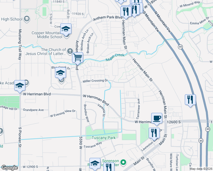 map of restaurants, bars, coffee shops, grocery stores, and more near 12337 Popile Lane in Herriman