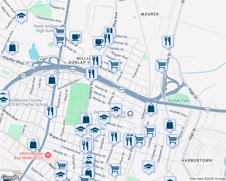 map of restaurants, bars, coffee shops, grocery stores, and more near 401 Grove Street in Perth Amboy