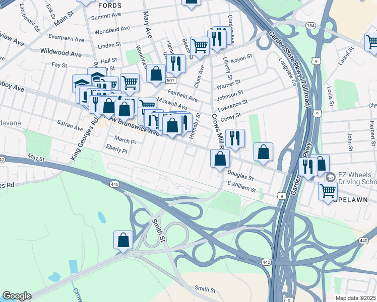 map of restaurants, bars, coffee shops, grocery stores, and more near 410 New Brunswick Avenue in Woodbridge Township