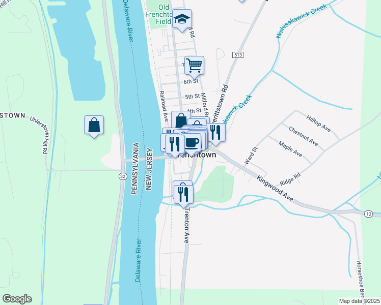 map of restaurants, bars, coffee shops, grocery stores, and more near in Frenchtown
