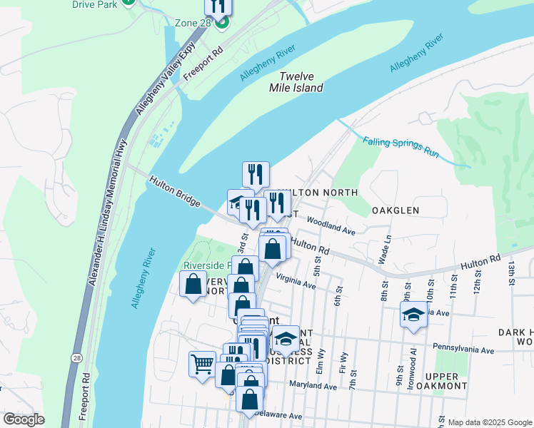 map of restaurants, bars, coffee shops, grocery stores, and more near 14 West Woodland Avenue in Oakmont