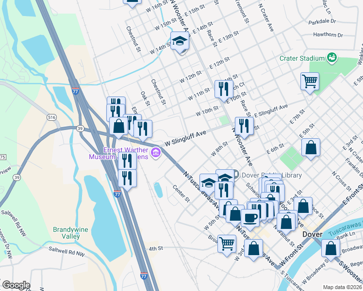 map of restaurants, bars, coffee shops, grocery stores, and more near 318 West Slingluff Avenue in Dover