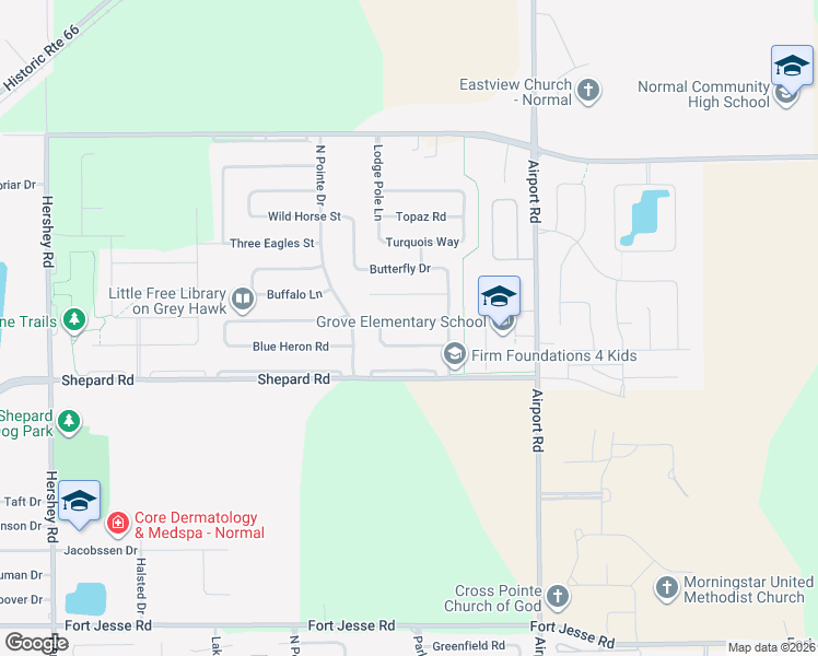 map of restaurants, bars, coffee shops, grocery stores, and more near 3268 Marimarsh Lane in Normal