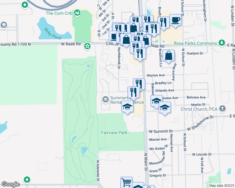 map of restaurants, bars, coffee shops, grocery stores, and more near 1501 Northbrook Drive in Normal