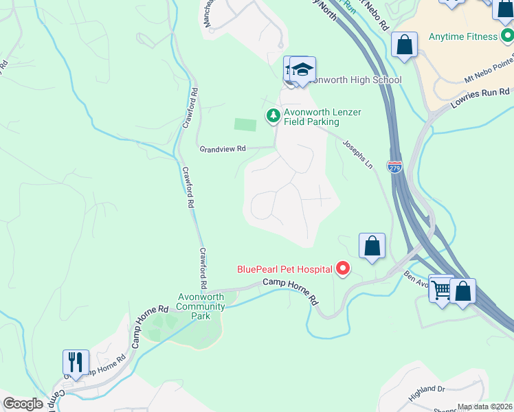 map of restaurants, bars, coffee shops, grocery stores, and more near 510 Avonworth Heights Drive in Pittsburgh