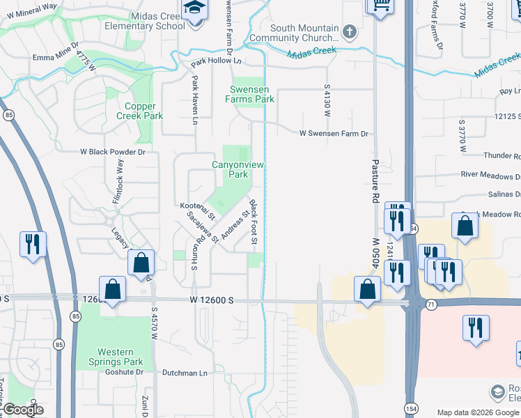 map of restaurants, bars, coffee shops, grocery stores, and more near 12367 Black Foot Street in Riverton