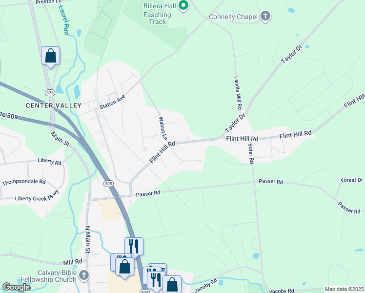map of restaurants, bars, coffee shops, grocery stores, and more near 3448 Flint Hill Road in Coopersburg