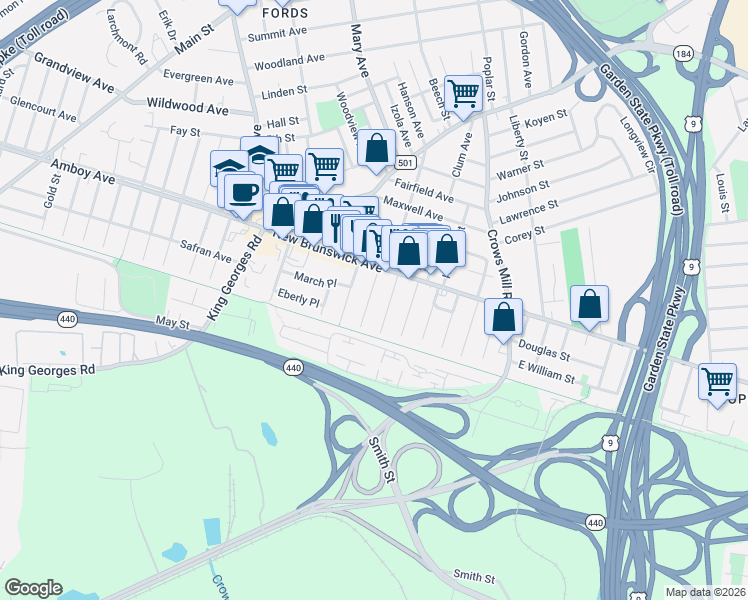 map of restaurants, bars, coffee shops, grocery stores, and more near 36 Paul Street in Woodbridge Township