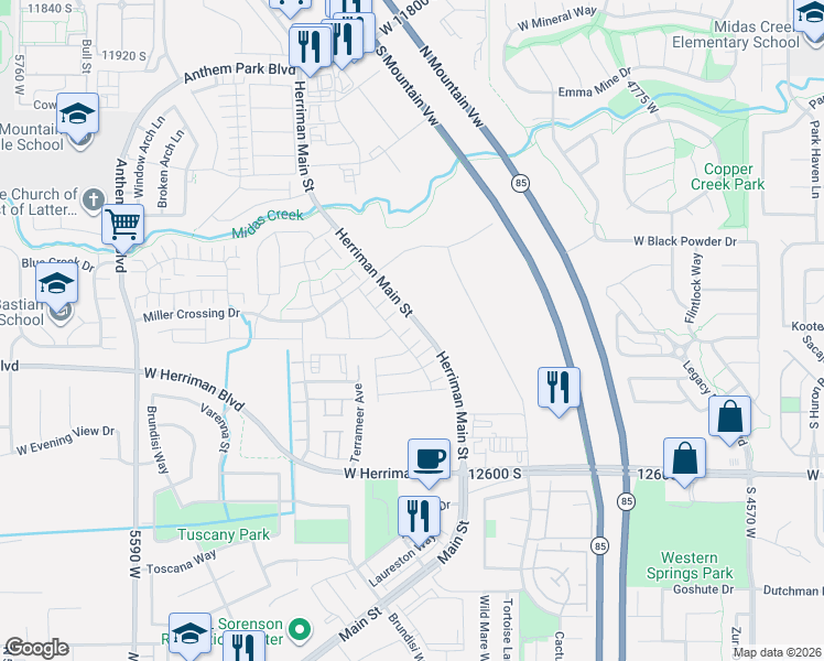 map of restaurants, bars, coffee shops, grocery stores, and more near 5113 West Dolce Court in Herriman