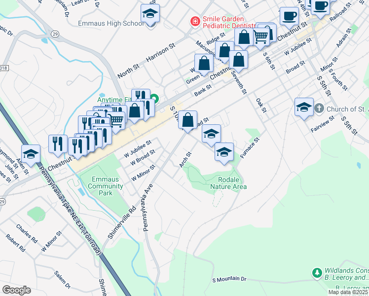 map of restaurants, bars, coffee shops, grocery stores, and more near 1034 Pennsylvania Avenue in Emmaus