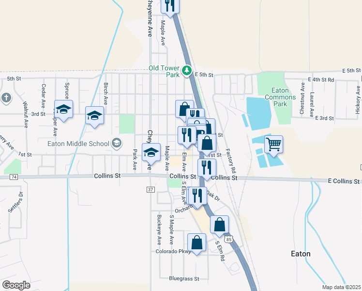 map of restaurants, bars, coffee shops, grocery stores, and more near 118 Elm Avenue in Eaton