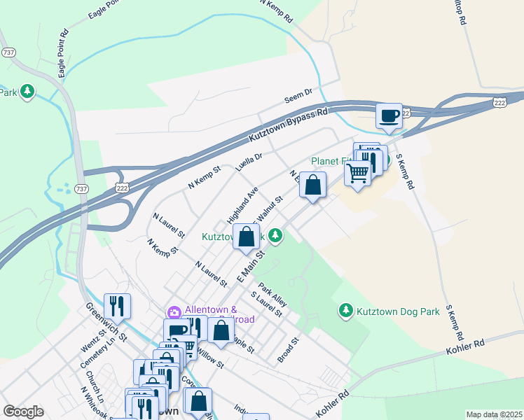 map of restaurants, bars, coffee shops, grocery stores, and more near 465 East Walnut Street in Kutztown