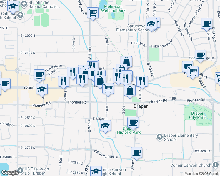 map of restaurants, bars, coffee shops, grocery stores, and more near 826 East 12300 South in Draper