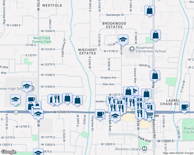 map of restaurants, bars, coffee shops, grocery stores, and more near 2183 Gregory Avenue in Riverton