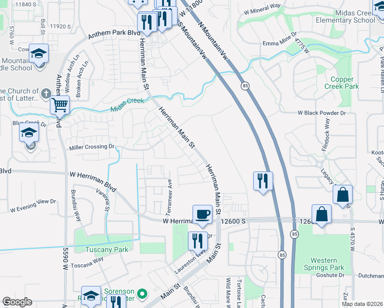 map of restaurants, bars, coffee shops, grocery stores, and more near 5151 Capricco Court in Herriman