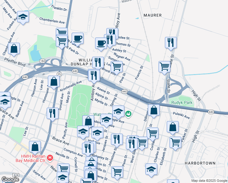 map of restaurants, bars, coffee shops, grocery stores, and more near 401 Grove Street in Perth Amboy