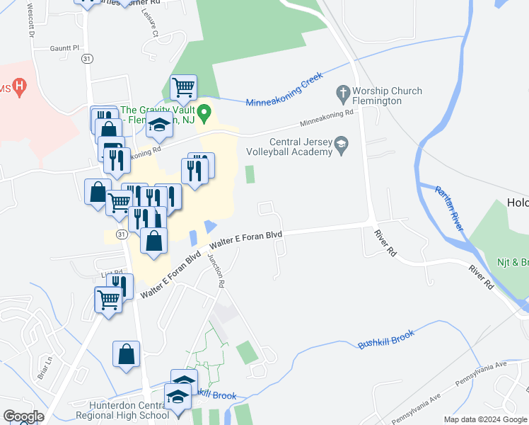 map of restaurants, bars, coffee shops, grocery stores, and more near 200 Justin Court in Flemington
