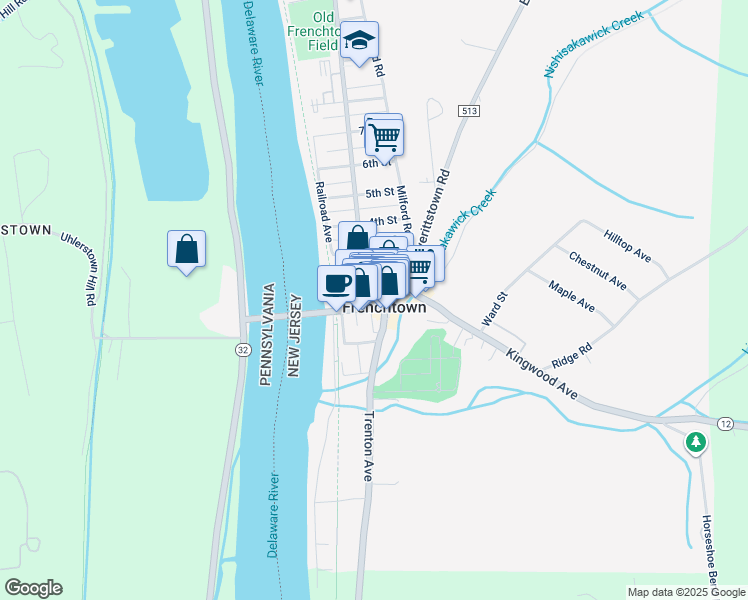 map of restaurants, bars, coffee shops, grocery stores, and more near in Frenchtown