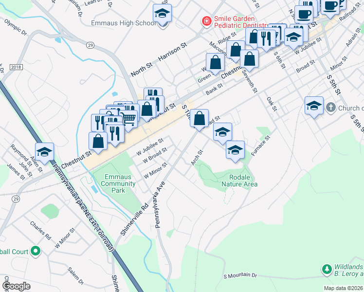 map of restaurants, bars, coffee shops, grocery stores, and more near 2 West Minor Street in Emmaus