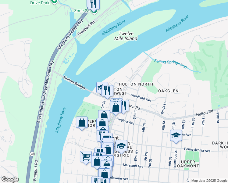 map of restaurants, bars, coffee shops, grocery stores, and more near 14 West Woodland Avenue in Oakmont
