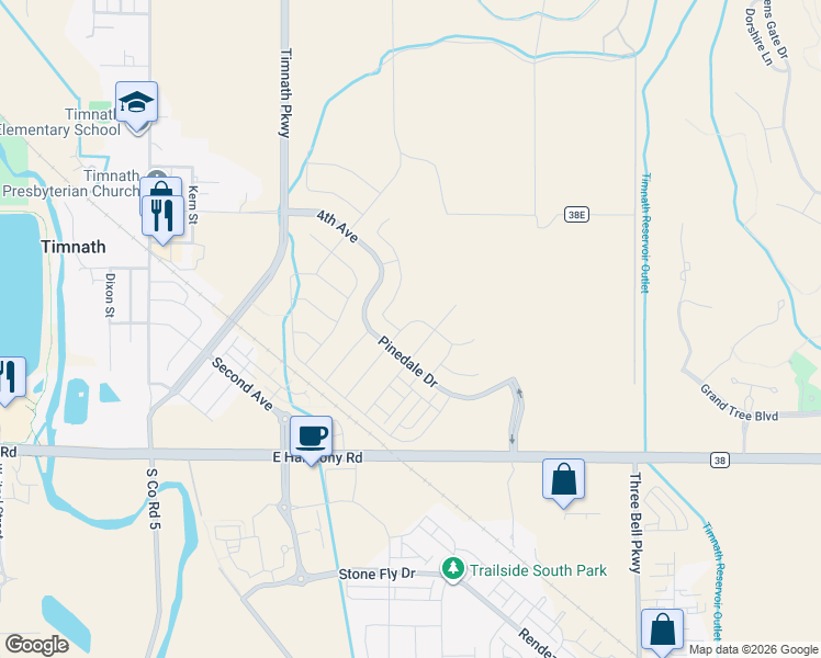 map of restaurants, bars, coffee shops, grocery stores, and more near 5819 East Harmony Road in Fort Collins