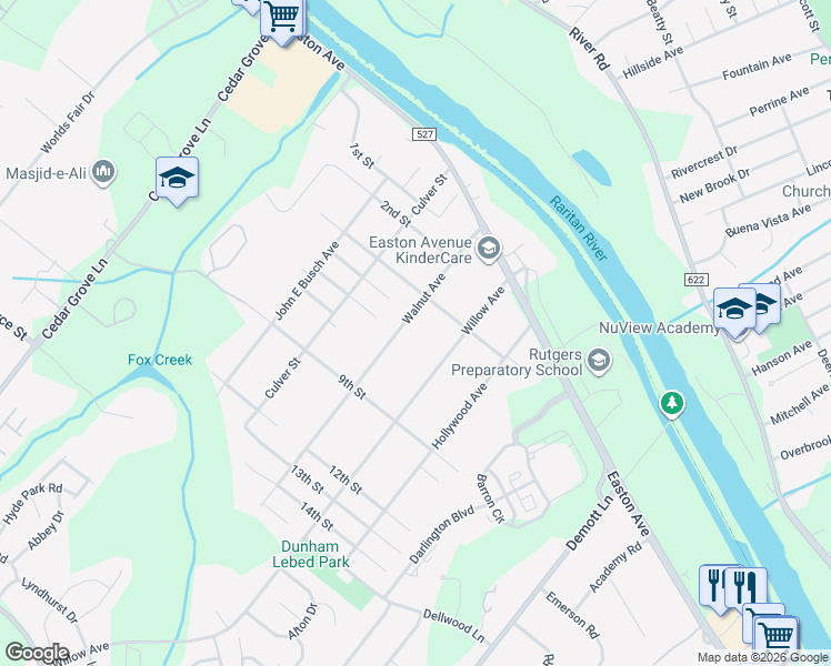 map of restaurants, bars, coffee shops, grocery stores, and more near 60 Walnut Avenue in Franklin Township