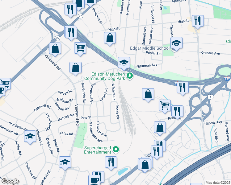 map of restaurants, bars, coffee shops, grocery stores, and more near 19 Wilshire Road in Edison