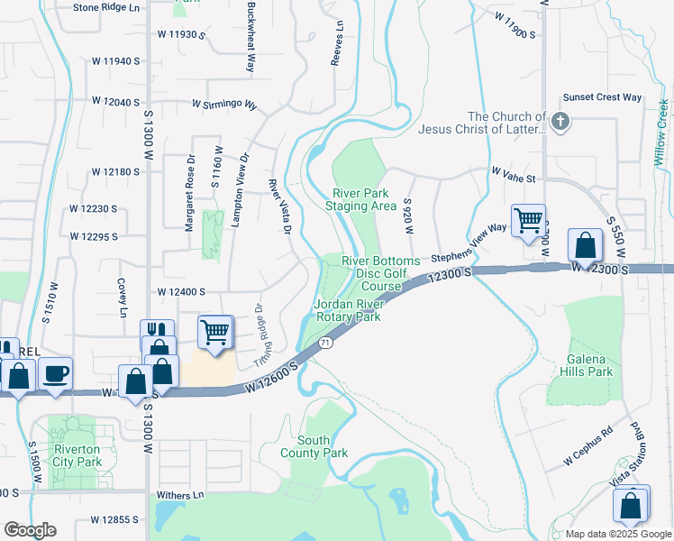 map of restaurants, bars, coffee shops, grocery stores, and more near 12400 River Vista Drive in Riverton