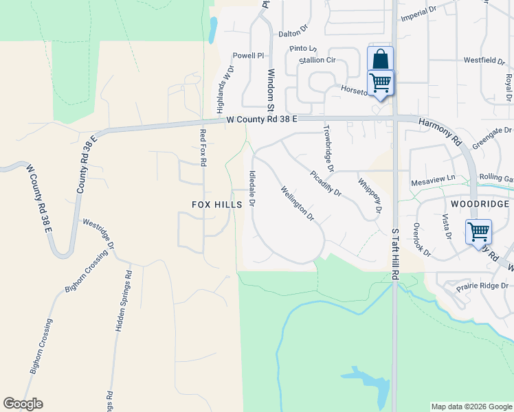 map of restaurants, bars, coffee shops, grocery stores, and more near 4309 Idledale Drive in Fort Collins