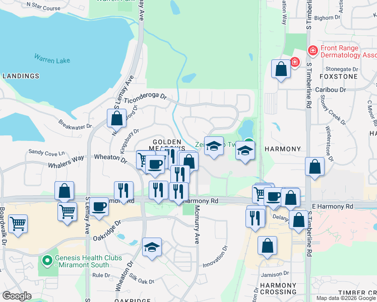 map of restaurants, bars, coffee shops, grocery stores, and more near 4405 Monte Carlo Drive in Fort Collins