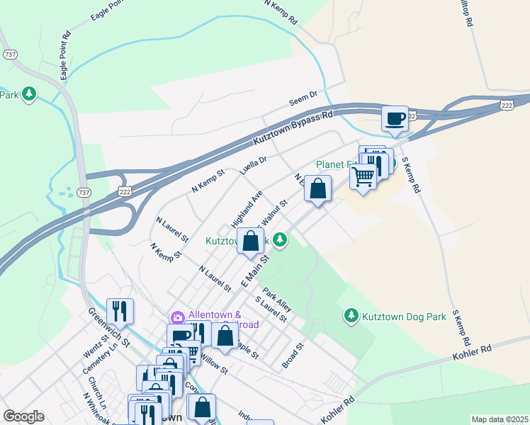 map of restaurants, bars, coffee shops, grocery stores, and more near 465 East Walnut Street in Kutztown