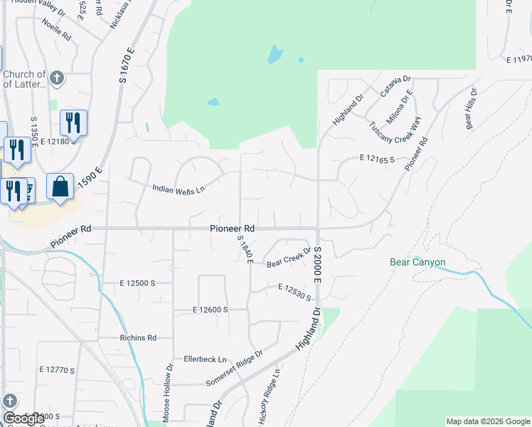 map of restaurants, bars, coffee shops, grocery stores, and more near 12268 Raleigh Court in Draper