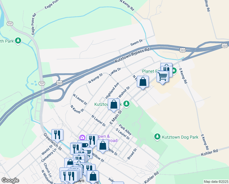 map of restaurants, bars, coffee shops, grocery stores, and more near 105 North Kemp Street in Kutztown