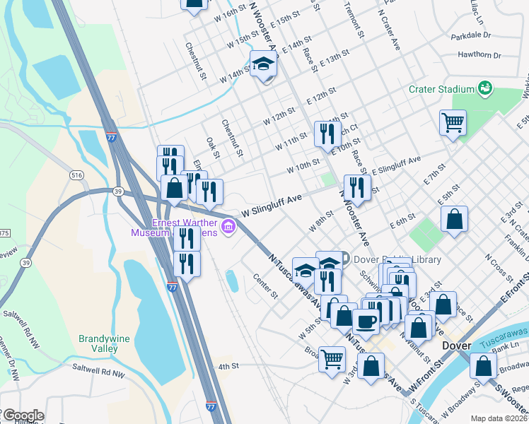 map of restaurants, bars, coffee shops, grocery stores, and more near 318 West Slingluff Avenue in Dover
