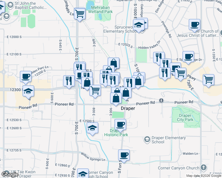 map of restaurants, bars, coffee shops, grocery stores, and more near 714 East Draper Parkway in Draper