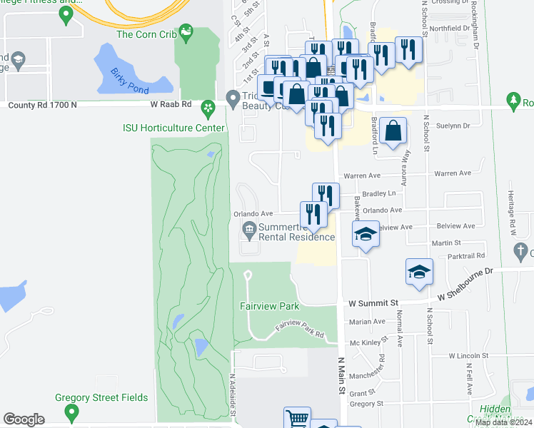 map of restaurants, bars, coffee shops, grocery stores, and more near 719 Orlando Avenue in Normal