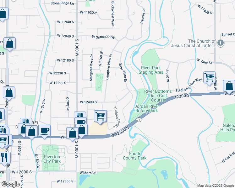 map of restaurants, bars, coffee shops, grocery stores, and more near 12359 Overlook Ridge Court in Riverton