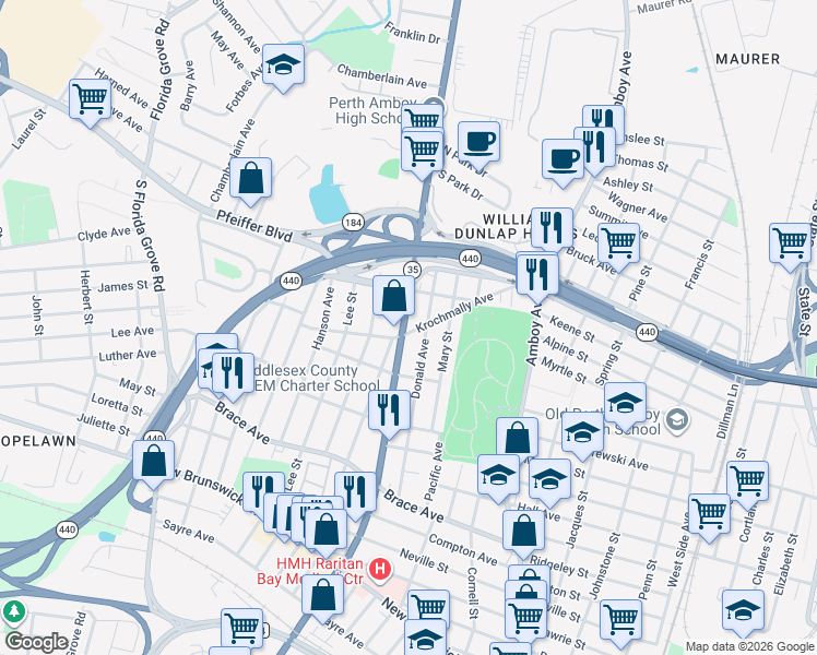 map of restaurants, bars, coffee shops, grocery stores, and more near 758 Convery Boulevard in Perth Amboy