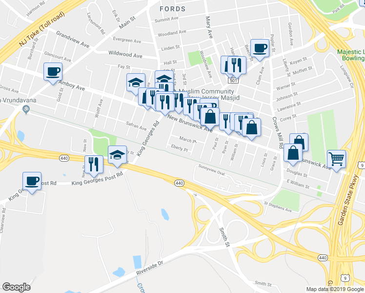 map of restaurants, bars, coffee shops, grocery stores, and more near 18 Eberly Place in Woodbridge Township