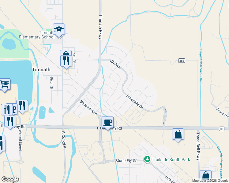 map of restaurants, bars, coffee shops, grocery stores, and more near Apple Cider Street in Timnath