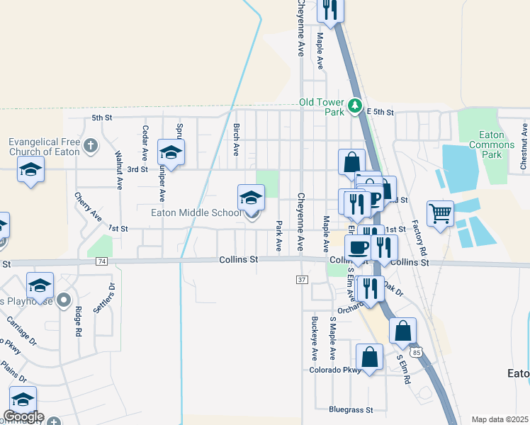 map of restaurants, bars, coffee shops, grocery stores, and more near 114 Park Avenue in Eaton