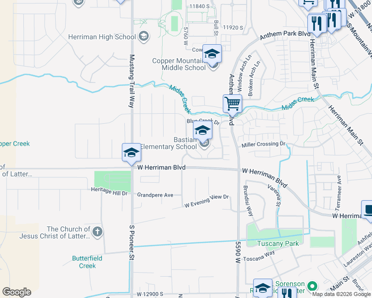 map of restaurants, bars, coffee shops, grocery stores, and more near 12494 Bigbend Vista Drive in Herriman