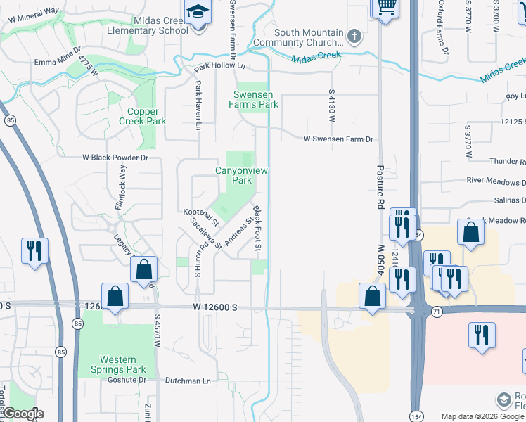 map of restaurants, bars, coffee shops, grocery stores, and more near 12357 Black Foot Street in Riverton